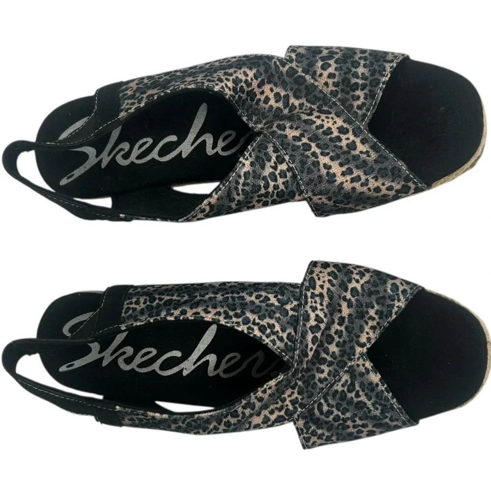 Skechers Cali Club X Ray Tan Black Wedge Sandal Leopard Metallic Shoes 7.5 Comfy